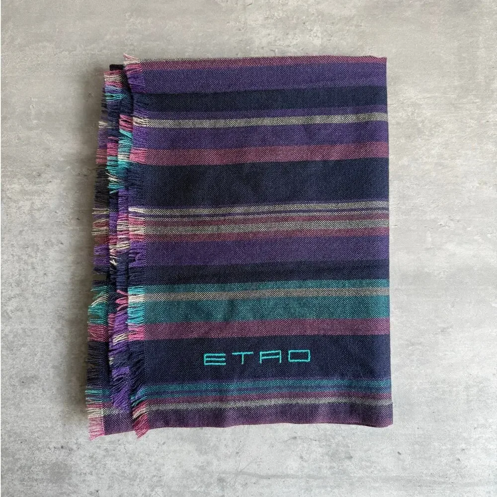 ETRO Italy Striped Scarf Purple Teal Wool Silk Cashmere Fringe Embroidered Logo